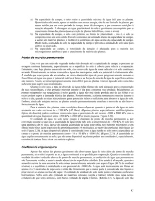 a)

Na capacidade de campo, o solo retém a quantidade máxima de água útil para as plantas.
Quantidades adicionais, apesar de retidas com menor energia, são de uso limitado às plantas, por
serem retidas por um curto período de tempo, antes da drenagem, e por causarem restrições à
aeração adequada. A drenagem da água gravitacional do solo é geralmente um requisito para o
crescimento ótimo das plantas (com exceção de plantas hidrofílicas, como o arroz).
b) Na capacidade de campo, o solo está próximo ao limite de plasticidade - isto é, o solo se
comporta como um semi-sólido friável à conteúdos de umidade abaixo da capacidade de campo,
e como um material plástico e moldável à conteúdos de água acima da capacidade de campo.
Deste modo, a umidade do solo na capacidade de campo é próxima a umidade do solo ideal para
cultivo ou escavação.
c) Na capacidade de campo, a porosidade de aeração é adequada para a maioria dos
microrganismos aeróbios e para o crescimento da maioria das plantas.

Ponto de murcha permanente
Uma vez que um solo não vegetado tenha sido drenado até a capacidade de campo, o processo de
secagem continua lentamente, especialmente se a superfície do solo é coberta para reduzir a evaporação.
Entretanto, caso haja plantas crescendo no solo, elas removerão água da zona radicular e o solo continuará
secando. Primeiramente, as raízes removerão a água dos macroporos, onde seu potencial é relativamente alto.
À medida que esses poros são esvaziados, as raízes absorverão água de poros progressivamente menores e
finos filmes de água nos quais o potencial mátrico é baixo e as forças de atração da água às superfícies sólidas
são maiores. Assim, se tornará progressivamente mais difícil para as plantas remover água do solo a uma taxa
suficiente para suprir suas necessidades.
Quando o solo seca, a taxa de absorção de água pelas plantas não será adequada para a manutenção
de suas necessidades, e elas poderão murchar durante o dia para conservar sua umidade. Inicialmente, as
plantas recuperarão sua turgescência à noite quando a água não está sendo perdida através das folhas e as
raízes podem suprir a demanda hídrica das plantas. Posteriormente, a planta permanecerá murcha durante à
noite e o dia, quando as raízes não puderem gerar potenciais baixos o suficiente para absorver a água do solo.
Embora, ainda não estejam mortas, as plantas estarão permanentemente murchas e morrerão se não houver
fornecimento de água.
Para a maioria das plantas, estas condições desenvolvem-se quando o potencial da água no solo
apresenta um valor em torno de - 1500 kPa (-15 Bars). Algumas plantas, especialmente xerófitas (plantas
típicas do deserto) podem continuar removendo água a potenciais de até mesmo -1800 a 2000 kPa, mas a
quantidade de água disponível entre -1500 kPa e -2000 kPa é muito pequena (Figura 2.21).
O conteúdo de água no solo neste estágio é chamado de ponto de murcha permanente e, por
convenção assume-se que seja a quantidade de água retida pelo solo a um potencial de -1500 kPa. O solo terá
uma aparência de pó seco, apesar de alguma quantidade de água estar retida nos menores microporos e em
filmes muito finos (com espessura de aproximadamente 10 moléculas), ao redor das partículas individuais do
solo (Figura 2.21). A água disponível à planta é considerada como a água retida no solo entre a capacidade de
campo e o ponto de murcha permanente (entre -10 a -30 kPa e -1500 kPa) (Figura 2.21). A quantidade de
água capilar remanescente no solo, que não estar disponível as plantas podem ser considerável, especialmente,
em solos de textura fina e ricos em matéria orgânica.
Coeficiente Higroscópico
Apesar das raízes das plantas geralmente não absorverem água do solo além do ponto de murcha
permanente, se o solo é exposto ao ar, a água continuará a ser perdida por evaporação. Quando o conteúdo de
umidade do solo é reduzido abaixo do ponto de murcha permanente, as moléculas de água que permanecem
são firmemente retidas, a maioria sendo adsorvidas às superfícies coloidais. Este estado é alcançado, quando a
atmosfera acima de uma amostra de solo estiver essencialmente saturada com vapor d’água (98 % de umidade
relativa) e o equilíbrio é estabelecido a um potencial de -3100 kPa. A água está teoricamente em filmes de
apenas 4 a 5 moléculas de espessura e retida tão firmemente que a maior parte é considerada não líquida e
pode mover-se apenas na fase de vapor. O conteúdo de umidade do solo neste ponto é chamado coeficiente
higroscópico. Solos com alto conteúdo de materiais coloidais (argila e húmus) reterão mais água nestas
condições do que solos arenosos, com baixo conteúdo de argila e húmus. (Tabela 2.3). A água do solo não

82

 