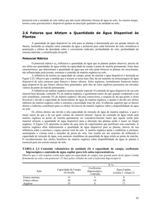 potencial com a umidade do solo indica que não existe diferentes formas de água no solo. Ao mesmo tempo,
termos como gravitacional e disponível ajudam na descrição qualitativa da umidade no solo.

2.6 Fatores que Afetam a Quantidade de Água Disponível às
Plantas
A quantidade de água disponível no solo para as plantas é determinada por um grande número de
fatores, incluindo as relações entre conteúdo de água e potencial para cada horizonte do solo, resistência à
penetração e efeitos da densidade sobre o crescimento radicular, profundidade do solo, profundidade do
sistema radicular, e estratificação do perfil.
Potencial Mátrico
O potencial mátrico ψm influencia a quantidade de água que as plantas podem absorver, através de
seu efeito nas quantidades de água retidas na capacidade de campo e ponto de murcha permanente. Estas duas
características, que determinam a quantidade de água que um solo pode fornecer as plantas em crescimento,
são influenciadas pela textura, estrutura e conteúdo de matéria orgânica no solo.
A influência da textura na capacidade de campo, ponto de murcha e água disponível é mostrada na
Figura 2.22. Observe que a medida que a textura se torna mais fina, há um aumento na armazenagem de água
disponível de solos arenosos para francos e franco siltosos. Solos argilosos, normalmente fornecem menos
água disponível do que franco siltosos bem granulados, pelo fato de solos argilosos possuírem um elevados
valores de ponto de murcha permanente.
A influência da matéria orgânica merece atenção especial. O conteúdo de água disponível de um solo
mineral bem drenado, contendo 5% de matéria orgânica, é geralmente maior do que quando comparado a um
solo semelhante, contendo 3% de matéria orgânica. Há uma controvérsia, a respeito de até que ponto o efeito
favorável é devido à capacidade de fornecimento de água da matéria orgânica, e quanto é devido aos efeitos
indiretos da matéria orgânica sobre a estrutura e porosidade total do solo. Evidências sugerem que os fatores
diretos e indiretos contribuem para os efeitos favoráveis da matéria orgânica sobre a disponibilidade de água
no solo.
Os efeitos diretos são devido à alta capacidade de retenção de água da matéria orgânica, a qual é
muito maior do que a de um igual volume de material mineral. Apesar do conteúdo de água retido pela
matéria orgânica no ponto de murcha permanente ser consideravelmente maior que aquele retido pelo
material mineral, a quantidade de água disponível para a absorção das plantas ainda é maior na fração
orgânica. A Figura 2.23 apresenta os dados de uma série de experimentos que justificam esta conclusão. A
matéria orgânica afeta indiretamente a quantidade de água disponível para as plantas, através de sua
influência sobre a estrutura e espaço poroso total do solo. A matéria orgânica ajuda a estabilizar a estrutura,
aumentando o volume total e tamanho de poros do solo. Isto resulta em um aumento da infiltração e
capacidade de retenção de água, com aumento simultâneo da quantidade de água retida no ponto de murcha.
O reconhecimento dos efeitos benéficos da matéria orgânica sobre disponibilidade de água às plantas é
essencial para um correto manejo do solo.

TABELA 2.3 Conteúdo volumétrico de umidade (θ) à capacidade de campo, coeficiente
higroscópico e conteúdo de água capilar para três solos representativos.
Observe que o solo argiloso retém mais água na capacidade de campo, mas grande parte desta água é retida
firmemente no solo a um potencial -31 bars pelos colóides do solo (coeficiente higroscópico)
θ, %
Solo
Franco arenoso
Franco siltoso
Argiloso

Capacidade de Campo
10-30 kPa
12
30
35

Coeficiente
Higroscópico,
-3100 kPa
3
10
8

Água Capilar,
(coluna 1- coluna 2)
9
20
17

85

 