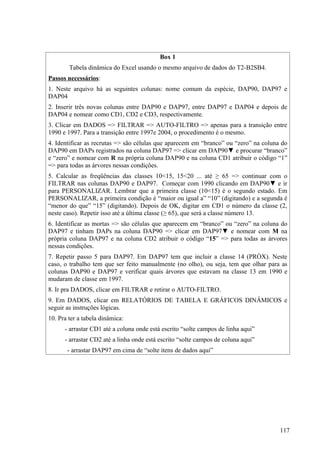 Box 1
        Tabela dinâmica do Excel usando o mesmo arquivo de dados do T2-B2SB4.
Passos necessários:
1. Neste arquivo há as seguintes colunas: nome comum da espécie, DAP90, DAP97 e
DAP04
2. Inserir três novas colunas entre DAP90 e DAP97, entre DAP97 e DAP04 e depois de
DAP04 e nomear como CD1, CD2 e CD3, respectivamente.
3. Clicar em DADOS => FILTRAR => AUTO-FILTRO => apenas para a transição entre
1990 e 1997. Para a transição entre 1997e 2004, o procedimento é o mesmo.
4. Identificar as recrutas => são células que aparecem em “branco” ou “zero” na coluna do
DAP90 em DAPs registrados na coluna DAP97 => clicar em DAP90▼ e procurar “branco”
e “zero” e nomear com R na própria coluna DAP90 e na coluna CD1 atribuir o código “1”
=> para todas as árvores nessas condições.
5. Calcular as freqüências das classes 10<15, 15<20 ... até ≥ 65 => continuar com o
FILTRAR nas colunas DAP90 e DAP97. Começar com 1990 clicando em DAP90▼ e ir
para PERSONALIZAR. Lembrar que a primeira classe (10<15) é o segundo estado. Em
PERSONALIZAR, a primeira condição é “maior ou igual a” “10” (digitando) e a segunda é
“menor do que” “15” (digitando). Depois de OK, digitar em CD1 o número da classe (2,
neste caso). Repetir isso até a última classe (≥ 65), que será a classe número 13.
6. Identificar as mortas => são células que aparecem em “branco” ou “zero” na coluna do
DAP97 e tinham DAPs na coluna DAP90 => clicar em DAP97▼ e nomear com M na
própria coluna DAP97 e na coluna CD2 atribuir o código “15” => para todas as árvores
nessas condições.
7. Repetir passo 5 para DAP97. Em DAP97 tem que incluir a classe 14 (PRÓX). Neste
caso, o trabalho tem que ser feito manualmente (no olho), ou seja, tem que olhar para as
colunas DAP90 e DAP97 e verificar quais árvores que estavam na classe 13 em 1990 e
mudaram de classe em 1997.
8. Ir pra DADOS, clicar em FILTRAR e retirar o AUTO-FILTRO.
9. Em DADOS, clicar em RELATÓRIOS DE TABELA E GRÁFICOS DINÂMICOS e
seguir as instruções lógicas.
10. Pra ter a tabela dinâmica:
      - arrastar CD1 até a coluna onde está escrito “solte campos de linha aqui”
      - arrastar CD2 até a linha onde está escrito “solte campos de coluna aqui”
       - arrastar DAP97 em cima de “solte itens de dados aqui”




                                                                                      117
 