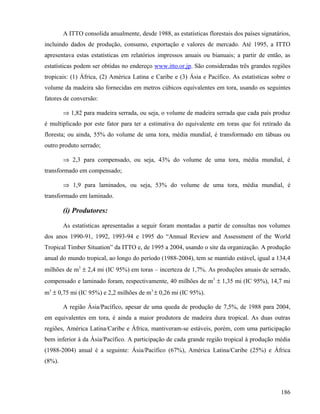 A ITTO consolida anualmente, desde 1988, as estatísticas florestais dos países signatários,
incluindo dados de produção, consumo, exportação e valores de mercado. Até 1995, a ITTO
apresentava estas estatísticas em relatórios impressos anuais ou bianuais; a partir de então, as
estatísticas podem ser obtidas no endereço www.itto.or.jp. São consideradas três grandes regiões
tropicais: (1) África, (2) América Latina e Caribe e (3) Ásia e Pacífico. As estatísticas sobre o
volume da madeira são fornecidas em metros cúbicos equivalentes em tora, usando os seguintes
fatores de conversão:

        ⇒ 1,82 para madeira serrada, ou seja, o volume de madeira serrada que cada país produz
é multiplicado por este fator para ter a estimativa do equivalente em toras que foi retirado da
floresta; ou ainda, 55% do volume de uma tora, média mundial, é transformado em tábuas ou
outro produto serrado;

        ⇒ 2,3 para compensado, ou seja, 43% do volume de uma tora, média mundial, é
transformado em compensado;

        ⇒ 1,9 para laminados, ou seja, 53% do volume de uma tora, média mundial, é
transformado em laminado.

        (i) Produtores:

        As estatísticas apresentadas a seguir foram montadas a partir de consultas nos volumes
dos anos 1990-91, 1992, 1993-94 e 1995 do “Annual Review and Assessment of the World
Tropical Timber Situation” da ITTO e, de 1995 a 2004, usando o site da organização. A produção
anual do mundo tropical, ao longo do período (1988-2004), tem se mantido estável, igual a 134,4
milhões de m3 ± 2,4 mi (IC 95%) em toras – incerteza de 1,7%. As produções anuais de serrado,
compensado e laminado foram, respectivamente, 40 milhões de m3 ± 1,35 mi (IC 95%), 14,7 mi
m3 ± 0,75 mi (IC 95%) e 2,2 milhões de m3 ± 0,26 mi (IC 95%).

        A região Ásia/Pacífico, apesar de uma queda de produção de 7,5%, de 1988 para 2004,
em equivalentes em tora, é ainda a maior produtora de madeira dura tropical. As duas outras
regiões, América Latina/Caribe e África, mantiveram-se estáveis, porém, com uma participação
bem inferior à da Ásia/Pacífico. A participação de cada grande região tropical à produção média
(1988-2004) anual é a seguinte: Ásia/Pacífico (67%), América Latina/Caribe (25%) e África
(8%).



                                                                                               186
 