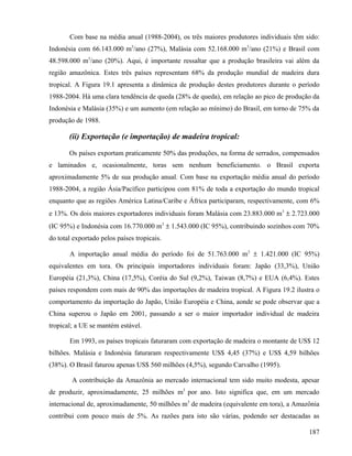 Com base na média anual (1988-2004), os três maiores produtores individuais têm sido:
Indonésia com 66.143.000 m3/ano (27%), Malásia com 52.168.000 m3/ano (21%) e Brasil com
48.598.000 m3/ano (20%). Aqui, é importante ressaltar que a produção brasileira vai além da
região amazônica. Estes três países representam 68% da produção mundial de madeira dura
tropical. A Figura 19.1 apresenta a dinâmica de produção destes produtores durante o período
1988-2004. Há uma clara tendência de queda (28% de queda), em relação ao pico de produção da
Indonésia e Malásia (35%) e um aumento (em relação ao mínimo) do Brasil, em torno de 75% da
produção de 1988.

       (ii) Exportação (e importação) de madeira tropical:

       Os países exportam praticamente 50% das produções, na forma de serrados, compensados
e laminados e, ocasionalmente, toras sem nenhum beneficiamento. o Brasil exporta
aproximadamente 5% de sua produção anual. Com base na exportação média anual do período
1988-2004, a região Ásia/Pacífico participou com 81% de toda a exportação do mundo tropical
enquanto que as regiões América Latina/Caribe e África participaram, respectivamente, com 6%
e 13%. Os dois maiores exportadores individuais foram Malásia com 23.883.000 m3 ± 2.723.000
(IC 95%) e Indonésia com 16.770.000 m3 ± 1.543.000 (IC 95%), contribuindo sozinhos com 70%
do total exportado pelos países tropicais.

       A importação anual média do período foi de 51.763.000 m3 ± 1.421.000 (IC 95%)
equivalentes em tora. Os principais importadores individuais foram: Japão (33,3%), União
Européia (21,3%), China (17,5%), Coréia do Sul (9,2%), Taiwan (8,7%) e EUA (6,4%). Estes
países respondem com mais de 90% das importações de madeira tropical. A Figura 19.2 ilustra o
comportamento da importação do Japão, União Européia e China, aonde se pode observar que a
China superou o Japão em 2001, passando a ser o maior importador individual de madeira
tropical; a UE se mantém estável.

       Em 1993, os países tropicais faturaram com exportação de madeira o montante de US$ 12
bilhões. Malásia e Indonésia faturaram respectivamente US$ 4,45 (37%) e US$ 4,59 bilhões
(38%). O Brasil faturou apenas US$ 560 milhões (4,5%), segundo Carvalho (1995).

        A contribuição da Amazônia ao mercado internacional tem sido muito modesta, apesar
de produzir, aproximadamente, 25 milhões m3 por ano. Isto significa que, em um mercado
internacional de, aproximadamente, 50 milhões m3 de madeira (equivalente em tora), a Amazônia
contribui com pouco mais de 5%. As razões para isto são várias, podendo ser destacadas as

                                                                                         187
 