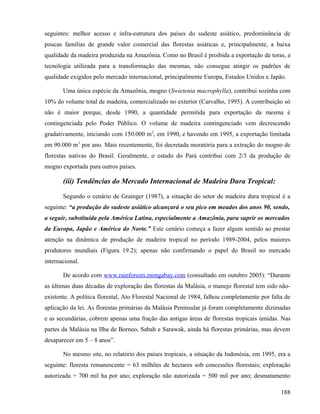 seguintes: melhor acesso e infra-estrutura dos países do sudeste asiático, predominância de
poucas famílias de grande valor comercial das florestas asiáticas e, principalmente, a baixa
qualidade da madeira produzida na Amazônia. Como no Brasil é proibida a exportação de toras, a
tecnologia utilizada para a transformação das mesmas, não consegue atingir os padrões de
qualidade exigidos pelo mercado internacional, principalmente Europa, Estados Unidos e Japão.

       Uma única espécie da Amazônia, mogno (Swietenia macrophylla), contribui sozinha com
10% do volume total de madeira, comercializado no exterior (Carvalho, 1995). A contribuição só
não é maior porque, desde 1990, a quantidade permitida para exportação da mesma é
contingenciada pelo Poder Público. O volume de madeira contingenciado vem decrescendo
gradativamente, iniciando com 150.000 m3, em 1990, e havendo em 1995, a exportação limitada
em 90.000 m3 por ano. Mais recentemente, foi decretada moratória para a extração do mogno de
florestas nativas do Brasil. Geralmente, o estado do Pará contribui com 2/3 da produção de
mogno exportada para outros países.

       (iii) Tendências do Mercado Internacional de Madeira Dura Tropical:

       Segundo o cenário de Grainger (1987), a situação do setor de madeira dura tropical é a
seguinte: “a produção do sudeste asiático alcançará o seu pico em meados dos anos 90, sendo,
a seguir, substituída pela América Latina, especialmente a Amazônia, para suprir os mercados
da Europa, Japão e América do Norte.” Este cenário começa a fazer algum sentido ao prestar
atenção na dinâmica de produção de madeira tropical no período 1989-2004, pelos maiores
produtores mundiais (Figura 19.2); apenas não confirmando o papel do Brasil no mercado
internacional.

       De acordo com www.rainforests.mongabay.com (consultado em outubro 2005): “Durante
as últimas duas décadas de exploração das florestas da Malásia, o manejo florestal tem sido não-
existente. A política florestal, Ato Florestal Nacional de 1984, falhou completamente por falta de
aplicação da lei. As florestas primárias da Malásia Peninsular já foram completamente dizimadas
e as secundárias, cobrem apenas uma fração das antigas áreas de florestas tropicais úmidas. Nas
partes da Malásia na Ilha de Borneo, Sabah e Sarawak, ainda há florestas primárias, mas devem
desaparecer em 5 – 8 anos”.

       No mesmo site, no relatório dos países tropicais, a situação da Indonésia, em 1995, era a
seguinte: floresta remanescente = 63 milhões de hectares sob concessões florestais; exploração
autorizada = 700 mil ha por ano; exploração não autorizada = 500 mil por ano; desmatamento

                                                                                              188
 