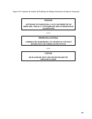Figura 19.4: Sumário da Análise de Problemas de Manejo Florestal no Estado do Amazonas.



                                         EFEITOS

              ATIVIDADE INVIABILIZADA, FALTA DO PRODUTO NO
             MERCADO, AMEAÇA À INTEGRIDADE DOS ECOSSISTEMAS
                              AMAZÔNICOS

                                           

                                 PROBLEMA CENTRAL

                A PRODUÇÃO MADEIREIRA NO AMAZONAS NÃO ESTÁ
                     SENDO FEITA DE FORMA SUSTENTÁVEL

                                           

                                         CAUSAS

                    OS PLANOS DE MFS NÃO SÃO DEVIDAMENTE
                               IMPLEMENTADOS




                                                                                          198
 