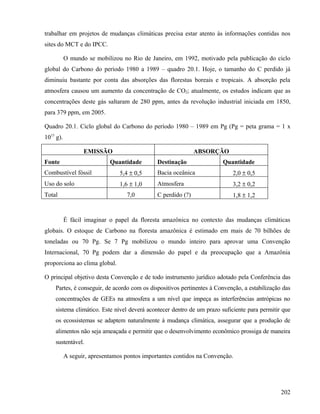 trabalhar em projetos de mudanças climáticas precisa estar atento às informações contidas nos
sites do MCT e do IPCC.

           O mundo se mobilizou no Rio de Janeiro, em 1992, motivado pela publicação do ciclo
global do Carbono do período 1980 a 1989 – quadro 20.1. Hoje, o tamanho do C perdido já
diminuiu bastante por conta das absorções das florestas boreais e tropicais. A absorção pela
atmosfera causou um aumento da concentração de CO2; atualmente, os estudos indicam que as
concentrações deste gás saltaram de 280 ppm, antes da revolução industrial iniciada em 1850,
para 379 ppm, em 2005.

Quadro 20.1. Ciclo global do Carbono do período 1980 – 1989 em Pg (Pg = peta grama = 1 x
1015 g).

                  EMISSÃO                                     ABSORÇÃO
Fonte                       Quantidade        Destinação               Quantidade
Combustível fóssil              5,4 ± 0,5     Bacia oceânica               2,0 ± 0,5
Uso do solo                     1,6 ± 1,0     Atmosfera                    3,2 ± 0,2
Total                             7,0         C perdido (?)                1,8 ± 1,2


           É fácil imaginar o papel da floresta amazônica no contexto das mudanças climáticas
globais. O estoque de Carbono na floresta amazônica é estimado em mais de 70 bilhões de
toneladas ou 70 Pg. Se 7 Pg mobilizou o mundo inteiro para aprovar uma Convenção
Internacional, 70 Pg podem dar a dimensão do papel e da preocupação que a Amazônia
proporciona ao clima global.

O principal objetivo desta Convenção e de todo instrumento jurídico adotado pela Conferência das
    Partes, é conseguir, de acordo com os dispositivos pertinentes à Convenção, a estabilização das
    concentrações de GEEs na atmosfera a um nível que impeça as interferências antrópicas no
    sistema climático. Este nível deverá acontecer dentro de um prazo suficiente para permitir que
    os ecossistemas se adaptem naturalmente à mudança climática, assegurar que a produção de
    alimentos não seja ameaçada e permitir que o desenvolvimento econômico prossiga de maneira
    sustentável.

           A seguir, apresentamos pontos importantes contidos na Convenção.




                                                                                               202
 