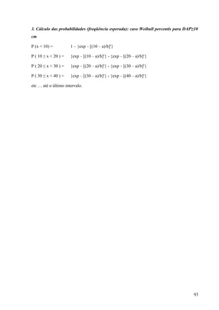 3. Cálculo das probabilidades (freqüência esperada): caso Weibull percentis para DAP≥10
cm

P (x < 10) =          1 – {exp – [(10 – a)/b]c}

P ( 10 ≤ x < 20 ) =   {exp – [(10 – a)/b]c} - {exp – [(20 – a)/b]c}

P ( 20 ≤ x < 30 ) =   {exp – [(20 – a)/b]c} - {exp – [(30 – a)/b]c}

P ( 30 ≤ x < 40 ) =   {exp – [(30 – a)/b]c} - {exp – [(40 – a)/b]c}

etc … até o último intervalo.




                                                                                    93
 