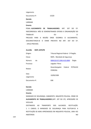 Julgamento

      Documento nº:                         15320

      Decisão
      UNÂNIME
      Ementa
      PENAL. ALICIAMENTO           DE   TRABALHADORES.        ART.   207   DO   CP.
      INOCORRENCIA. NÃO SE DEMONSTRANDO OFENSA A ORGANIZAÇÃO DO
      TRABALHO                                    OU                                O
      PREJUIZO     PARA       A    REGIÃO   ONDE    OCORREU      O   ALICIAMENTO,
      DESCARACTERIZA-SE O CRIME PREVISTO NO ART. 207 DO CP.
      - APELO PROVIDO.


      Acordão      MSPL 1879/PB

      Origem                                Tribunal Regional Federal - 5ª Região

      Classe                                MSPL - Mandado de Segurança

      Número        do                      0004150-97.1990.4.05.0000       Órgão
      Processo:                             Julgador: Pleno

                                            Desembargador       Federal    PETRUCIO
      Relator
                                            FERREIRA

      Data
                                            19/09/1990
      Julgamento

      Documento nº:                         838


      Decisão
      UNÂNIME
      Ementa
      MANDADO DE SEGURANÇA. CABIMENTO. INQUERITO POLICIAL. CRIME DE
      ALICIAMENTO DE TRABALHADORES (ART. 207 DO CP). APREENSÃO DE
      VEICULOS
      DESTINADOS         AO       TRANSPORTE   DOS     ALICIADOS.     RESTITUIÇÃO.
      1. E CABIVEL O MANDADO DE SEGURANÇA PARA PLEITEAR-SE A
      RESTITUIÇÃO DE BENS APREENDIDOS EM INQUERITO POLICIAL, UMA VEZ
      INDEFERIDA                                                                NO
119
 