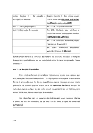 Antes: Capítulo II – Da sedução e Depois: Capítulo II – Dos crimes sexuais
corrupção de menores                       contra vulnerável (foi o que mais sofreu
                                           modificações com a Lei n. 2015)
Art. 217. Sedução (revogado)               Art. 217-A: Estupro de vulnerável
Art. 218. Corrupção de menores             Art. 218. Mediação para satisfazer a
                                           lascívia de outrem envolvendo vulnerável
                                           (CORRUPÇÃO DE MENORES)
                                           Art. 218-A. Satisfação da lascívia própria
                                           na presença de vulnerável
                                           Art.   218-B.   Prostituição   envolvendo
                                           vulnerável (menor de 18 anos)


Para ficar caracterizada a corrupção de menores ele precisaria não estar corrompido
(inexperiente que ludibriado por um maior) ainda e isso devia ser comprovado. Estava
em desuso.

Art. 217-A. Estupro de vulnerável

       Antes existia a chamada presunção de violência, que ocorria para a pessoa que
não podia prestar consentimento válido. Crítica porque no direito penal só existia uma
forma de presunção, que é a de não culpabilidade. Agora, nos casos em que existia
presunção de violência passam a fazer parte de elementos do tipo de estupro de
vulnerável. Agora qualquer ato de cunho sexual, independente de ter violência, com
menor de 14 anos, é crime de estupro de vulnerável.

       Hoje não se fala mais em presunção de violência, pois sendo menor de 14 anos
é crime. No dia do aniversário de 14 anos não há mais estupro de vulnerável
(VANZOLINI).




131
 