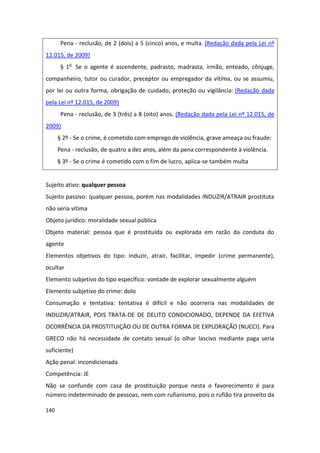 Pena - reclusão, de 2 (dois) a 5 (cinco) anos, e multa. (Redação dada pela Lei nº
12.015, de 2009)
       § 1o Se o agente é ascendente, padrasto, madrasta, irmão, enteado, cônjuge,
companheiro, tutor ou curador, preceptor ou empregador da vítima, ou se assumiu,
por lei ou outra forma, obrigação de cuidado, proteção ou vigilância: (Redação dada
pela Lei nº 12.015, de 2009)
       Pena - reclusão, de 3 (três) a 8 (oito) anos. (Redação dada pela Lei nº 12.015, de
2009)
      § 2º - Se o crime, é cometido com emprego de violência, grave ameaça ou fraude:
      Pena - reclusão, de quatro a dez anos, além da pena correspondente à violência.
      § 3º - Se o crime é cometido com o fim de lucro, aplica-se também multa


Sujeito ativo: qualquer pessoa
Sujeito passivo: qualquer pessoa, porém nas modalidades INDUZIR/ATRAIR prostituta
não seria vítima
Objeto jurídico: moralidade sexual pública
Objeto material: pessoa que é prostituída ou explorada em razão da conduta do
agente
Elementos objetivos do tipo: induzir, atrair, facilitar, impedir (crime permanente),
ocultar
Elemento subjetivo do tipo específico: vontade de explorar sexualmente alguém
Elemento subjetivo do crime: dolo
Consumação e tentativa: tentativa é difícil e não ocorreria nas modalidades de
INDUZIR/ATRAIR, POIS TRATA-DE DE DELITO CONDICIONADO, DEPENDE DA EFETIVA
OCORRÊNCIA DA PROSTITUIÇÃO OU DE OUTRA FORMA DE EXPLORAÇÃO (NUCCI). Para
GRECO não há necessidade de contato sexual (o olhar lascivo mediante paga seria
suficiente)
Ação penal: incondicionada
Competência: JE
Não se confunde com casa de prostituição porque nesta o favorecimento é para
número indeterminado de pessoas, nem com rufianismo, pois o rufião tira proveito da

140
 