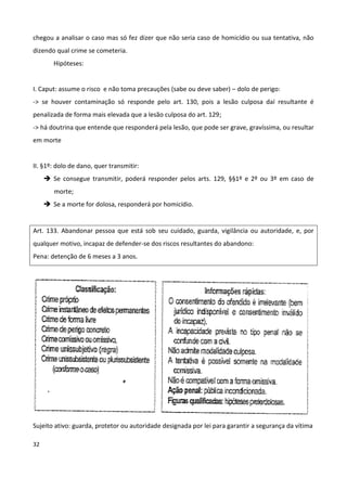 chegou a analisar o caso mas só fez dizer que não seria caso de homicídio ou sua tentativa, não
dizendo qual crime se cometeria.
        Hipóteses:


I. Caput: assume o risco e não toma precauções (sabe ou deve saber) – dolo de perigo:
-> se houver contaminação só responde pelo art. 130, pois a lesão culposa daí resultante é
penalizada de forma mais elevada que a lesão culposa do art. 129;
-> há doutrina que entende que responderá pela lesão, que pode ser grave, gravíssima, ou resultar
em morte


II. §1º: dolo de dano, quer transmitir:
      Se consegue transmitir, poderá responder pelos arts. 129, §§1º e 2º ou 3º em caso de
        morte;
      Se a morte for dolosa, responderá por homicídio.


Art. 133. Abandonar pessoa que está sob seu cuidado, guarda, vigilância ou autoridade, e, por
qualquer motivo, incapaz de defender-se dos riscos resultantes do abandono:
Pena: detenção de 6 meses a 3 anos.




Sujeito ativo: guarda, protetor ou autoridade designada por lei para garantir a segurança da vítima

32
 