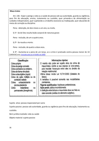 Maus-tratos

    Art. 136 - Expor a perigo a vida ou a saúde de pessoa sob sua autoridade, guarda ou vigilância,
para fim de educação, ensino, tratamento ou custódia, quer privando-a de alimentação ou
cuidados indispensáveis, quer sujeitando-a a trabalho excessivo ou inadequado, quer abusando de
meios de correção ou disciplina:

     Pena - detenção, de dois meses a um ano, ou multa.

     § 1º - Se do fato resulta lesão corporal de natureza grave:

     Pena - reclusão, de um a quatro anos.

     § 2º - Se resulta a morte:

     Pena - reclusão, de quatro a doze anos.

     § 3º - Aumenta-se a pena de um terço, se o crime é praticado contra pessoa menor de 14
(catorze) anos. (Incluído pela Lei nº 8.069, de 1990)




Sujeito ativo: pessoa responsável por outra
Sujeito passivo: pessoa sob autoridade, guarda ou vigilância para fins de educação, tratamento ou
custódia.
Bem jurídico tutelado: vida ou saúde
Objeto material: sujeito passivo



36
 