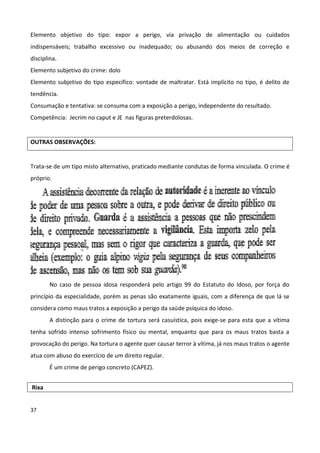 Elemento objetivo do tipo: expor a perigo, via privação de alimentação ou cuidados
indispensáveis; trabalho excessivo ou inadequado; ou abusando dos meios de correção e
disciplina.
Elemento subjetivo do crime: dolo
Elemento subjetivo do tipo especifico: vontade de maltratar. Está implícito no tipo, é delito de
tendência.
Consumação e tentativa: se consuma com a exposição a perigo, independente do resultado.
Competência: Jecrim no caput e JE nas figuras preterdolosas.


OUTRAS OBSERVAÇÕES:


Trata-se de um tipo misto alternativo, praticado mediante condutas de forma vinculada. O crime é
próprio.




        No caso de pessoa idosa responderá pelo artigo 99 do Estatuto do Idoso, por força do
princípio da especialidade, porém as penas são exatamente iguais, com a diferença de que lá se
considera como maus tratos a exposição a perigo da saúde psíquica do idoso.
        A distinção para o crime de tortura será casuística, pois exige-se para esta que a vítima
tenha sofrido intenso sofrimento físico ou mental, enquanto que para os maus tratos basta a
provocação do perigo. Na tortura o agente quer causar terror à vítima, já nos maus tratos o agente
atua com abuso do exercício de um direito regular.
        É um crime de perigo concreto (CAPEZ).


Rixa


37
 