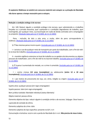 O seqüestro libidinoso só existirá em concurso material com estupro se a privação da liberdade
não durar apenas o tempo necessário para o estupro.



Redução a condição análoga à de escravo

     Art. 149. Reduzir alguém a condição análoga à de escravo, quer submetendo-o a trabalhos
forçados ou a jornada exaustiva, quer sujeitando-o a condições degradantes de trabalho, quer
restringindo, por qualquer meio, sua locomoção em razão de dívida contraída com o empregador
ou preposto: (Redação dada pela Lei nº 10.803, de 11.12.2003)

      Pena - reclusão, de dois a oito anos, e multa, além da pena correspondente à
violência. (Redação dada pela Lei nº 10.803, de 11.12.2003)

     § 1o Nas mesmas penas incorre quem: (Incluído pela Lei nº 10.803, de 11.12.2003)

     I – cerceia o uso de qualquer meio de transporte por parte do trabalhador, com o fim de retê-
lo no local de trabalho; (Incluído pela Lei nº 10.803, de 11.12.2003)

    II – mantém vigilância ostensiva no local de trabalho ou se apodera de documentos ou objetos
pessoais do trabalhador, com o fim de retê-lo no local de trabalho. (Incluído pela Lei nº 10.803, de
11.12.2003)

    § 2o A pena é aumentada de metade, se o crime é cometido: (Incluído pela Lei nº 10.803, de
11.12.2003)

     I – contra criança (12 anos incompletos) ou adolescente (entre 12 e 18 anos
incompletos)(; (Incluído pela Lei nº 10.803, de 11.12.2003)

    II – por motivo de preconceito de raça, cor, etnia, religião ou origem. (Incluído pela Lei nº
10.803, de 11.12.2003)

Sujeito ativo: qualquer pessoa (em regra empregador)
Sujeito passivo: idem (em regra empregado)
Bem jurídico tutelado: liberdade individual (status libertatis)
Objeto material: pessoa vítima
Elemento objetivo do tipo: reduzir alguém à condição similar a de escravo. Subjugar. Deve haver a
supressão de vontade da vítima.
Elemento subjetivo do crime: dolo
Elemento subjetivo do tipo especifico: presente no §1º, I e II
Consumação e tentativa: ocorre com a perda da liberdade de ir e vir. Não precisa de maus tratos.

52
 