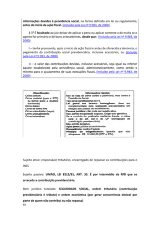 informações devidas à previdência social, na forma definida em lei ou regulamento,
antes do início da ação fiscal. (Incluído pela Lei nº 9.983, de 2000)

    § 3o É facultado ao juiz deixar de aplicar a pena ou aplicar somente a de multa se o
agente for primário e de bons antecedentes, desde que: (Incluído pela Lei nº 9.983, de
2000)

    I – tenha promovido, após o início da ação fiscal e antes de oferecida a denúncia, o
pagamento da contribuição social previdenciária, inclusive acessórios; ou (Incluído
pela Lei nº 9.983, de 2000)

    II – o valor das contribuições devidas, inclusive acessórios, seja igual ou inferior
àquele estabelecido pela previdência social, administrativamente, como sendo o
mínimo para o ajuizamento de suas execuções fiscais. (Incluído pela Lei nº 9.983, de
2000)




Sujeito ativo: responsável tributário, encarregado de repassar as contribuições para o
INSS

Sujeito passivo: UNIÃO, LEI 8212/91, ART. 33. É por intermédio da RFB que se
arrecada a contribuição previdenciária.

Bem jurídico tutelado: SEGURIDADE SOCIAL, ordem tributária (contribuição
previdenciária é tributo) e ordem econômica (por gerar concorrência desleal por
parte de quem não contribui ou não repassa)
92
 