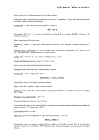 Profa Aretusa Delfino de Medeiros
Eventos adversos: formação de abscesso e/ou ulceração (axilar).
Contra-indicação: imunodeficiência congênita ou adquirida; HIV sintomático; < 2000g, afecções dermatológicas
extensas (escabiose, impetigo= adiamento).
Conservação: +2 + 8ºC inativada quando exposta à luz artificial.
HEPATITE B
Composição: Há 2 tipos : 1 partícula viral tratada com formol (2 recombinação do RNA viral através de
engenharia genética).
Idade: nas primeiras 12 horas de vida.
Esquema: 0,1,6 meses – 1ª dose para 2ª dose intervalo de 30 dias e da 1ª dose para 3ª dose um intervalo de 6
meses.
Dosagem e via de administração: 0,5 ml ou de acordo com o fabricante, IM profunda no Vasto Lateral da Coxa
(VLC) em crianças até 2 anos e deltóide em crianças maiores.
Agulha: 20x5,5 (menores de 2 anos) 25x6 ou 25x7 (maiores de 2 anos).
Tempo de validade após aberto o frasco: até o final do frasco.
Eventos adversos: dor no local da injeção e febre baixa.
Contra-indicação: reação anafilática sistêmica na dose anterior.
Conservação: + 2º+ 8º, congelamento inativa.
POLIOMIELITE ORAL ( VOP )
Composição: vírus vivo atenuado em cultura de células.
Idade: a partir dos 2 meses até 4 anos 11 meses e 29 dias.
Esquema: 3 doses a partir dos 2 meses de idade, com intervalos de 60 dias e no mínimo 30 dias; dose de reforço
aos 15 meses.
Dosagem e via de administração: 2 gotas oral.
Tempo de validade após aberto o frasco: 05 dias.
Contra-indicação: crianças com imunodeficiência (congênita ou adquirida); pessoas submetidas a transplante de
medula; crianças HIV+ sintomáticas (AIDS).
Conservação:geladeira, +2+8ºC.
Observação: Retornar ao refrigerador ou isopor imediatamente após a vacinação.
TETRAVALENTE
Composição: vacina que contém toxidóide diftérico, tetânico e Bordetella pertussis, além de polissacarídeo
capsulares (Poliribosol-ribtol-fosfato- PRP) do Haemophilus influenza conjugada com uma proteína carreadora
tetânica.
 