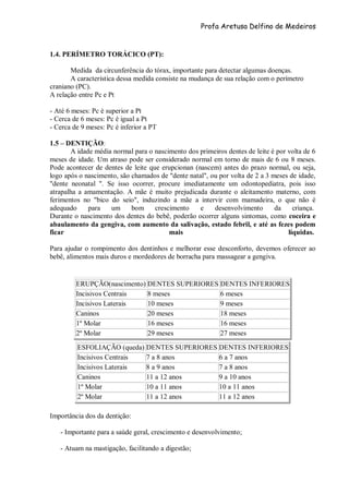 Profa Aretusa Delfino de Medeiros
1.4. PERÍMETRO TORÁCICO (PT):
Medida da circunferência do tórax, importante para detectar algumas doenças.
A característica dessa medida consiste na mudança de sua relação com o perímetro
craniano (PC).
A relação entre Pc e Pt
- Até 6 meses: Pc é superior a Pt
- Cerca de 6 meses: Pc é igual a Pt
- Cerca de 9 meses: Pc é inferior a PT
1.5 – DENTIÇÃO:
A idade média normal para o nascimento dos primeiros dentes de leite é por volta de 6
meses de idade. Um atraso pode ser considerado normal em torno de mais de 6 ou 8 meses.
Pode acontecer de dentes de leite que erupcionan (nascem) antes do prazo normal, ou seja,
logo após o nascimento, são chamados de "dente natal", ou por volta de 2 a 3 meses de idade,
"dente neonatal ". Se isso ocorrer, procure imediatamente um odontopediatra, pois isso
atrapalha a amamentação. A mãe é muito prejudicada durante o aleitamento materno, com
ferimentos no "bico do seio", induzindo a mãe a intervir com mamadeira, o que não é
adequado para um bom crescimento e desenvolvimento da criança.
Durante o nascimento dos dentes do bebê, poderão ocorrer alguns sintomas, como coceira e
abaulamento da gengiva, com aumento da salivação, estado febril, e até as fezes podem
ficar mais líquidas.
Para ajudar o rompimento dos dentinhos e melhorar esse desconforto, devemos oferecer ao
bebê, alimentos mais duros e mordedores de borracha para massagear a gengiva.
ERUPÇÃO(nascimento) DENTES SUPERIORES DENTES INFERIORES
Incisivos Centrais 8 meses 6 meses
Incisivos Laterais 10 meses 9 meses
Caninos 20 meses 18 meses
1º Molar 16 meses 16 meses
2º Molar 29 meses 27 meses
ESFOLIAÇÃO (queda) DENTES SUPERIORES DENTES INFERIORES
Incisivos Centrais 7 a 8 anos 6 a 7 anos
Incisivos Laterais 8 a 9 anos 7 a 8 anos
Caninos 11 a 12 anos 9 a 10 anos
1º Molar 10 a 11 anos 10 a 11 anos
2º Molar 11 a 12 anos 11 a 12 anos
Importância dos da dentição:
- Importante para a saúde geral, crescimento e desenvolvimento;
- Atuam na mastigação, facilitando a digestão;
 