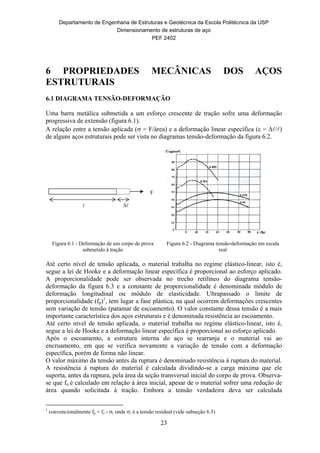 Departamento de Engenharia de Estruturas e Geotécnica da Escola Politécnica da USP
Dimensionamento de estruturas de aço
PEF 2402
23

F
6 PROPRIEDADES MECÂNICAS DOS AÇOS
ESTRUTURAIS
6.1 DIAGRAMA TENSÃO-DEFORMAÇÃO
Uma barra metálica submetida a um esforço crescente de tração sofre uma deformação
progressiva de extensão (figura 6.1).
A relação entre a tensão aplicada ( = F/área) e a deformação linear específica ( = /)
de alguns aços estruturais pode ser vista no diagramas tensão-deformação da figura 6.2.
Figura 6.1 - Deformação de um corpo de prova
submetido à tração
Figura 6.2 - Diagrama tensão-deformação em escala
real
Até certo nível de tensão aplicada, o material trabalha no regime elástico-linear, isto é,
segue a lei de Hooke e a deformação linear específica é proporcional ao esforço aplicado.
A proporcionalidade pode ser observada no trecho retilíneo do diagrama tensão-
deformação da figura 6.3 e a constante de proporcionalidade é denominada módulo de
deformação longitudinal ou módulo de elasticidade. Ultrapassado o limite de
proporcionalidade (fp)1
, tem lugar a fase plástica, na qual ocorrem deformações crescentes
sem variação de tensão (patamar de escoamento). O valor constante dessa tensão é a mais
importante característica dos aços estruturais e é denominada resistência ao escoamento.
Até certo nível de tensão aplicada, o material trabalha no regime elástico-linear, isto é,
segue a lei de Hooke e a deformação linear específica é proporcional ao esforço aplicado.
Após o escoamento, a estrutura interna do aço se rearranja e o material vai ao
encruamento, em que se verifica novamente a variação de tensão com a deformação
específica, porém de forma não linear.
O valor máximo da tensão antes da ruptura é denominado resistência à ruptura do material.
A resistência à ruptura do material é calculada dividindo-se a carga máxima que ele
suporta, antes da ruptura, pela área da seção transversal inicial do corpo de prova. Observa-
se que fu é calculado em relação à área inicial, apesar de o material sofrer uma redução de
área quando solicitada à tração. Embora a tensão verdadeira deva ser calculada
1
convencionalmente fp = fy - r onde r é a tensão residual (vide subseção 6.5)
 