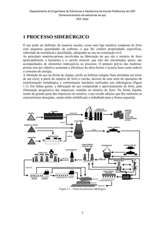 Departamento de Engenharia de Estruturas e Geotécnica da Escola Politécnica da USP
Dimensionamento de estruturas de aço
PEF 2402
3
1 PROCESSO SIDERÚRGICO
O aço pode ser definido, de maneira sucinta, como uma liga metálica composta de ferro
com pequenas quantidades de carbono, o que lhe confere propriedades específicas,
sobretudo de resistência e ductilidade, adequadas ao uso na construção civil.
As principais matérias-primas envolvidas na fabricação do aço são o minério de ferro
(principalmente a hematita) e o carvão mineral, que não são encontrados puros; são
acompanhados de elementos indesejáveis ao processo. O preparo prévio das matérias-
primas tem por objetivo aumentar a eficiência do altos-fornos e aciaria, bem como reduzir
o consumo de energia.
A obtenção do aço na forma de chapas, perfis ou bobinas (chapas finas enroladas em torno
de um eixo), a partir do minério de ferro e carvão, decorre de uma série de operações de
transformação metalúrgica e conformação mecânica realizadas nas siderúrgicas (figura
1.1). Em linhas gerais, a fabricação do aço compreende o aproveitamento do ferro, pela
eliminação progressiva das impurezas contidas no minério de ferro. Na forma líquida,
isento de grande parte das impurezas do minério, o aço recebe adições que lhe conferem as
características desejadas, sendo então solidificado e trabalhado para a forma requerida.
CARVÃO
MINÉRIO DE FERRO
FUNDENTES
SINTERIZAÇÃO
COQUERIA
LINGOTAMENTO
CONVENCIONAL
FORNO-POÇO
CONVERTEDOR
LD
DESSULFURAÇÃO
LAMINADOR LAMINADOR
PRIMÁRIO SECUNDÁRIO
LAMINADOR BLOCOS / TARUGOS
CARRO TORPEDO
PRODUTOS
CARBOQUÍMICOS BENZENO
TOLUENO
XILENO
PICHE
NAFTALENO
AMÔNIA ANIDRA
OUTROS
ALTO FORNO
TARUGOS
BLOCOS
PLACAS
RESÍDUOS
COQUE
GUSA
SINTER
AÇOLINGOTES
LINGOTES
LINGOTAMENTO
CONTÍNUO
ESTAÇÃO
ARGÔNIO
RH
FORNO PANELA
ESTRIPAMENTO
AÇO
Figura 1.1 – Fluxo de processo siderúrgico
 