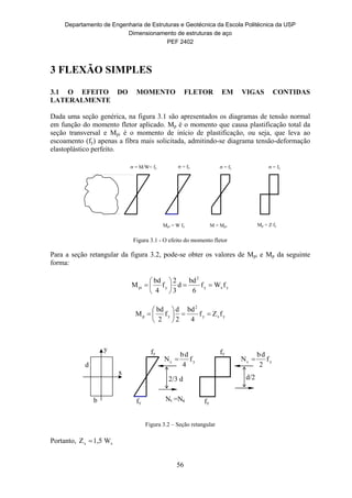 Departamento de Engenharia de Estruturas e Geotécnica da Escola Politécnica da USP
Dimensionamento de estruturas de aço
PEF 2402
56
 = fy = fy = M/W< fy  = fy
Mpi = W fy M > Mpi Mp = Z fy
3 FLEXÃO SIMPLES
3.1 O EFEITO DO MOMENTO FLETOR EM VIGAS CONTIDAS
LATERALMENTE
Dada uma seção genérica, na figura 3.1 são apresentados os diagramas de tensão normal
em função do momento fletor aplicado. Mp é o momento que causa plastificação total da
seção transversal e Mpi é o momento de início de plastificação, ou seja, que leva ao
escoamento (fy) apenas a fibra mais solicitada, admitindo-se diagrama tensão-deformação
elastoplástico perfeito.
Figura 3.1 - O efeito do momento fletor
Para a seção retangular da figura 3.2, pode-se obter os valores de Mpi e Mp da seguinte
forma:
yxy
2
ypi fWf
6
bd
d
3
2
f
4
bd
M 






yxy
2
yp fZf
4
bd
2
d
f
2
bd
M 






Figura 3.2 – Seção retangular
Portanto, xx W1,5Z 
d
y
x
b
fy
fy
2/3 d
yc f
4
db
N 
Nt =Nc
yc f
2
db
N 
d/2
fy
fy
 