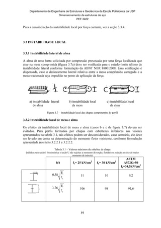 Departamento de Engenharia de Estruturas e Geotécnica da Escola Politécnica da USP
Dimensionamento de estruturas de aço
PEF 2402
59
Para a consideração da instabilidade local por força cortante, ver a seção 3.3.4.
3.3 INSTABILIDADE LOCAL
3.3.1 Instabilidade lateral de alma
A alma de uma barra solicitada por compressão provocada por uma força localizada que
atue na mesa comprimida (figura 3.7a) deve ser verificada para o estado-limite último de
instabilidade lateral conforme formulação da ABNT NBR 8800:2008. Essa verificação é
dispensada, caso o deslocamento lateral relativo entre a mesa comprimida carregada e a
mesa tracionada seja impedido no ponto de aplicação da força.
Figura 3.7 – Instabilidade local das chapas componentes do perfil
3.3.2 Instabilidade local de mesa e alma
Os efeitos da instabilidade local de mesa e alma (casos b e c da figura 3.7) devem ser
evitados. Para perfis formados por chapas com esbeltezes inferiores aos valores
apresentados na tabela 3.1, tais efeitos podem ser desconsiderados, caso contrário, ele deve
ser levado em conta na determinação do momento fletor resistente, conforme formulação
apresentada nos itens 3.2.2.1 e 3.2.2.2.
Tabela 3.1 – Valores máximos de esbeltez de chapa
(válidos para seção I bissimétrica e seção U não sujeitas a momento de torção, fletidas em relação ao eixo de maior
momento de inércia)
b/t fy= 25 kN/cm2
fy= 30 kN/cm2
ASTM
A572Gr50
fy=34,5kN/cm2
yf
E
38,0 11 10 9,2
yf
E
3,76 106 98 91,6
a) instabilidade lateral b) instabilidade local c) instabilidade local
de alma da mesa da alma
 