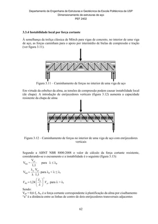 Departamento de Engenharia de Estruturas e Geotécnica da Escola Politécnica da USP
Dimensionamento de estruturas de aço
PEF 2402
62
3.3.4 Instabilidade local por força cortante
À semelhança da treliça clássica de Mörch para vigas de concreto, no interior de uma viga
de aço, as forças caminham para o apoio por intermédio de bielas de compressão e tração
(ver figura 3.11).
Figura 3.11 – Caminhamento de forças no interior de uma viga de aço
Em virtude da esbeltez da alma, as tensões de compressão podem causar instabilidade local
(de chapa). A introdução de enrijecedores verticais (figura 3.12) aumenta a capacidade
resistente da chapa de alma
Figura 3.12 – Caminhamento de forças no interior de uma viga de aço com enrijecedores
verticais
Segundo a ABNT NBR 8800:2008 o valor de cálculo da força cortante resistente,
considerando-se o escoamento e a instabilidade é o seguinte (figura 3.13):
1,1
V
=V
p
Rd

para   p
1,1
V
λ
λ
V
pp
Rd

 para p <  ≤ r
p
p
Rd VV
2
24,1 








para  > r
Sendo:
Vpl = 0,6 fy Aw é a força cortante correspondente à plastificação da alma por cisalhamento
“a” é a distância entre as linhas de centro de dois enrijecedores transversais adjacentes
 