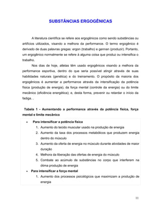 SUBSTÂNCIAS ERGOGÊNICAS


       A literatura científica se refere aos ergogênicos como sendo substâncias ou
artifícios utilizados, visando a melhora da performance. O termo ergogênico é
derivado de duas palavras gregas: ergon (trabalho) e gennan (produzir). Portanto,
um ergogênico normalmente se refere à alguma coisa que produz ou intensifica o
trabalho.
       Nos dias de hoje, atletas têm usado ergogênicos visando a melhora da
performance esportiva, dentro do que seria possível atingir através de suas
habilidades naturais (genética) e do treinamento. O propósito da maioria dos
ergogênicos é aumentar a performance através da intensificação da potência
física (produção de energia), da força mental (controle da energia) ou do limite
mecânico (eficiência energética); e, desta forma, prevenir ou retardar o início da
fadiga. .


 Tabela 1 - Aumentando a performance através da potência física, força
mental e limite mecânico

   •    Para intensificar a potência física
            1. Aumento do tecido muscular usado na produção de energia
            2. Aumento da taxa dos processos metabólicos que produzem energia
               dentro do músculo
            3. Aumento da oferta de energia no músculo durante atividades de maior
               duração
            4. Melhora da liberação das ofertas de energia do músculo
            5. Combate ao acúmulo de substâncias no corpo que interferem na
               ótima produção de energia
   •   Para intensificar a força mental
            1. Aumento dos processos psicológicos que maximizam a produção de
               energia




                                                                               11
 