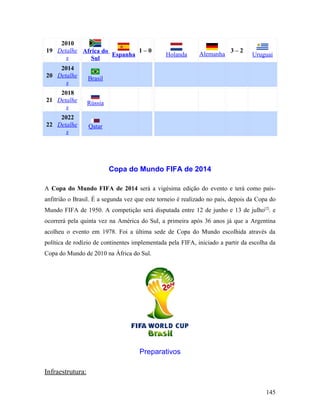 2010
19 Detalhe Africa do         1–0                                         3–2
                     Espanha                   Holanda      Alemanha             Uruguai
      s       Sul
    2014
20 Detalhe        Brasil
      s
    2018
21 Detalhe        Rússia
      s
    2022
22 Detalhe        Qatar
      s




                           Copa do Mundo FIFA de 2014

A Copa do Mundo FIFA de 2014 será a vigésima edição do evento e terá como país-
anfitrião o Brasil. É a segunda vez que este torneio é realizado no país, depois da Copa do
Mundo FIFA de 1950. A competição será disputada entre 12 de junho e 13 de julho[2]. e
ocorrerá pela quinta vez na América do Sul, a primeira após 36 anos já que a Argentina
acolheu o evento em 1978. Foi a última sede de Copa do Mundo escolhida através da
política de rodízio de continentes implementada pela FIFA, iniciado a partir da escolha da
Copa do Mundo de 2010 na África do Sul.




                                     Preparativos

Infraestrutura:

                                                                                       145
 