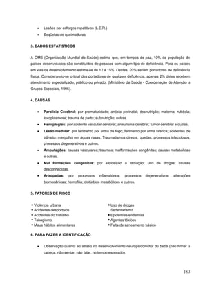 •   Lesões por esforços repetitivos (L.E.R.)
   •   Seqüelas de queimaduras


3. DADOS ESTATÍSTICOS


A OMS (Organização Mundial da Saúde) estima que, em tempos de paz, 10% da população de
países desenvolvidos são constituídos de pessoas com algum tipo de deficiência. Para os países
em vias de desenvolvimento estima-se de 12 a 15%. Destes, 20% seriam portadores de deficiência
física. Considerando-se o total dos portadores de qualquer deficiência, apenas 2% deles recebem
atendimento especializado, público ou privado. (Ministério da Saúde - Coordenação de Atenção a
Grupos Especiais, 1995).


4. CAUSAS


   •   Paralisia Cerebral: por prematuridade; anóxia perinatal; desnutrição; materna; rubéola;
       toxoplasmose; trauma de parto; subnutrição; outras.
   •   Hemiplegias: por acidente vascular cerebral; aneurisma cerebral; tumor cerebral e outras.
   •   Lesão medular: por ferimento por arma de fogo; ferimento por arma branca; acidentes de
       trânsito; mergulho em águas rasas. Traumatismos diretos; quedas; processos infecciosos;
       processos degenerativos e outros.
   •   Amputações: causas vasculares; traumas; malformações congênitas; causas metabólicas
       e outras.
   •   Mal formações congênitas: por exposição à radiação; uso de drogas; causas
       desconhecidas.
   •   Artropatias:   por    processos     inflamatórios;   processos   degenerativos;   alterações
       biomecânicas; hemofilia; distúrbios metabólicos e outros.


5. FATORES DE RISCO


 Violência urbana                                 Uso de drogas
 Acidentes desportivos                             Sedentarismo
 Acidentes do trabalho                            Epidemias/endemias
 Tabagismo                                        Agentes tóxicos
 Maus hábitos alimentares                         Falta de saneamento básico

6. PARA FAZER A IDENTIFICAÇÃO


   •   Observação quanto ao atraso no desenvolvimento neuropsicomotor do bebê (não firmar a
       cabeça, não sentar, não falar, no tempo esperado).




                                                                                               163
 