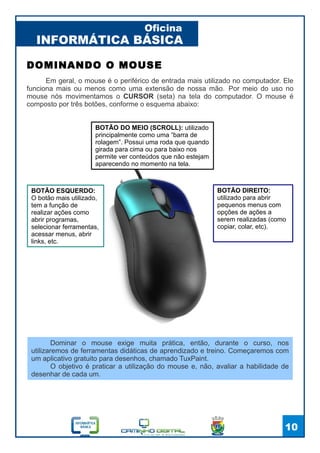 INFORMÁTICA BÁSICA
Oficina
10
DOMINANDO O MOUSE
Em geral, o mouse é o periférico de entrada mais utilizado no computador. Ele
funciona mais ou menos como uma extensão de nossa mão. Por meio do uso no
mouse nós movimentamos o CURSOR (seta) na tela do computador. O mouse é
composto por três botões, conforme o esquema abaixo:
BOTÃO DIREITO:
utilizado para abrir
pequenos menus com
opções de ações a
serem realizadas (como
copiar, colar, etc).
BOTÃO ESQUERDO:
O botão mais utilizado,
tem a função de
realizar ações como
abrir programas,
selecionar ferramentas,
acessar menus, abrir
links, etc.
BOTÃO DO MEIO (SCROLL): utilizado
principalmente como uma “barra de
rolagem”. Possui uma roda que quando
girada para cima ou para baixo nos
permite ver conteúdos que não estejam
aparecendo no momento na tela.
Dominar o mouse exige muita prática, então, durante o curso, nos
utilizaremos de ferramentas didáticas de aprendizado e treino. Começaremos com
um aplicativo gratuito para desenhos, chamado TuxPaint.
O objetivo é praticar a utilização do mouse e, não, avaliar a habilidade de
desenhar de cada um.
 