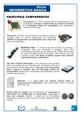 INFORMÁTICA BÁSICA
Oficina
5
Gabinete: é o local onde são fixados (quase) todos os
componentes do computador, como a placa-mãe, a CPU, a memória
RAM, HD's, etc...
HD/ Disco Rígido/ Winchester: neste dispositivo são gravados
todos os arquivos que são utilizados pelo computador para iniciar
seu sistema e demais programas. É nele que seus documentos,
fotos, músicas e qualquer tipo de informação podem ser
armazenados. Mesmo que o computador seja desligado os dados
permanecem gravados.
Bateria (pilha de relógio): ela é responsável por armazenar as
informações de configuração de computador, como data e
hora, por exemplo. Quando o relógio do seu computador
simplesmente zerar (ou voltar ao ano de 1990), geralmente basta
trocá-la.
PRINCIPAIS COMPONENTES
Processador: é a CPU (unidade central de processamento) do
computador. Controla e realiza todas as funções do sistema.
É o verdadeiro cérebro do computador. Sua capacidade é
medida em Hertz (Hz).
Placa-mãe: como seu nome já explica, sua função é acolher e
controlar todos os outros componentes do computador.
TODOS os componentes são interligados pela placa-mãe.
Daí a sua importância.
MEMÓRIA RAM: é a memória de curta duração. Ao desligar o
computador toda sua informação é apagada. Nela, ficam
armazenados os programas que estão sendo usados. No momento
em que for fechado qualquer programa, esta memória que está
ocupada, esvazia. Em geral, na prática, quanto mais memória,
mais rápido ficará o computador.
 