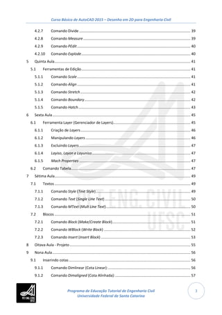 Curso Básico de AutoCAD 2015 – Desenho em 2D para Engenharia Civil
3
4.2.7 Comando Divide ............................................................................................................ 39
4.2.8 Comando Measure ........................................................................................................ 39
4.2.9 Comando PEdit.............................................................................................................. 40
4.2.10 Comando Explode.......................................................................................................... 40
5 Quinta Aula.................................................................................................................................... 41
5.1 Ferramentas de Edição.......................................................................................................... 41
5.1.1 Comando Scale.............................................................................................................. 41
5.1.2 Comando Align.............................................................................................................. 41
5.1.3 Comando Stretch........................................................................................................... 42
5.1.4 Comando Boundary....................................................................................................... 42
5.1.5 Comando Hatch............................................................................................................. 43
6 Sexta Aula...................................................................................................................................... 45
6.1 Ferramenta Layer (Gerenciador de Layers)........................................................................... 45
6.1.1 Criação de Layers........................................................................................................... 46
6.1.2 Manipulando Layers...................................................................................................... 46
6.1.3 Excluindo Layers............................................................................................................ 47
6.1.4 Layiso, Layon e Layuniso................................................................................................ 47
6.1.5 Mach Properties ............................................................................................................ 47
6.2 Comando Tabela.................................................................................................................... 47
7 Sétima Aula.................................................................................................................................... 49
7.1 Textos .................................................................................................................................... 49
7.1.1 Comando Style (Text Style)............................................................................................ 49
7.1.2 Comando Text (Single Line Text) ................................................................................... 50
7.1.3 Comando MText (Mult Line Text).................................................................................. 50
7.2 Blocos .................................................................................................................................... 51
7.2.1 Comando Block (Make/Create Block)............................................................................ 51
7.2.2 Comando WBlock (Write Block) .................................................................................... 52
7.2.3 Comando Insert (Insert Block) ....................................................................................... 53
8 Oitava Aula - Projeto ..................................................................................................................... 55
9 Nona Aula...................................................................................................................................... 56
9.1 Inserindo cotas...................................................................................................................... 56
9.1.1 Comando Dimlinear (Cota Linear):................................................................................ 56
9.1.2 Comando Dimaligned (Cota Alinhada):......................................................................... 57
Programa de Educação Tutorial de Engenharia Civil
Universidade Federal de Santa Catarina
 