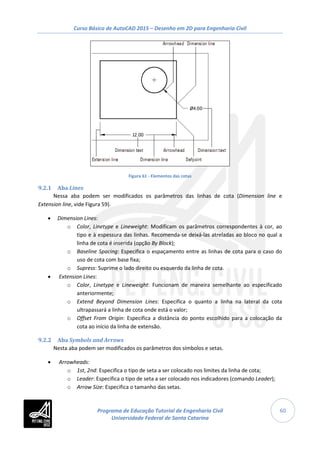 Curso Básico de AutoCAD 2015 – Desenho em 2D para Engenharia Civil
60
Figura 61 - Elementos das cotas
9.2.1 Aba Lines
Nessa aba podem ser modificados os parâmetros das linhas de cota (Dimension line e
Extension line, vide Figura 59).
• Dimension Lines:
o Color, Linetype e Lineweight: Modificam os parâmetros correspondentes à cor, ao
tipo e à espessura das linhas. Recomenda-se deixá-las atreladas ao bloco no qual a
linha de cota é inserida (opção By Block);
o Baseline Spacing: Especifica o espaçamento entre as linhas de cota para o caso do
uso de cota com base fixa;
o Supress: Suprime o lado direito ou esquerdo da linha de cota.
• Extension Lines:
o Color, Linetype e Lineweight: Funcionam de maneira semelhante ao especificado
anteriormente;
o Extend Beyond Dimension Lines: Especifica o quanto a linha na lateral da cota
ultrapassará a linha de cota onde está o valor;
o Offset From Origin: Especifica a distância do ponto escolhido para a colocação da
cota ao início da linha de extensão.
9.2.2 Aba Symbols and Arrows
Nesta aba podem ser modificados os parâmetros dos símbolos e setas.
• Arrowheads:
o 1st, 2nd: Especifica o tipo de seta a ser colocado nos limites da linha de cota;
o Leader: Especifica o tipo de seta a ser colocado nos indicadores (comando Leader);
o Arrow Size: Especifica o tamanho das setas.
Programa de Educação Tutorial de Engenharia Civil
Universidade Federal de Santa Catarina
 