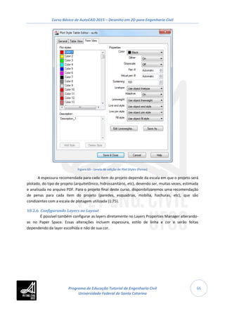 Curso Básico de AutoCAD 2015 – Desenho em 2D para Engenharia Civil
66
Figura 63 - Janela de edição de Plot Styles (Penas)
A espessura recomendada para cada item do projeto depende da escala em que o projeto será
plotado, do tipo de projeto (arquitetônico, hidrossanitário, etc), devendo ser, muitas vezes, estimada
e analisada no arquivo PDF. Para o projeto final deste curso, disponibilizaremos uma recomendação
de penas para cada item do projeto (paredes, esquadrias, mobília, hachuras, etc), que são
condizentes com a escala de plotagem utilizada (1:75).
10.2.6 Configurando Layers no Layout
É possível também configurar as layers diretamente no Layers Properties Manager alterando-
as no Paper Space. Essas alterações incluem espessura, estilo de linha e cor e serão feitas
dependendo da layer escolhida e não de sua cor.
Programa de Educação Tutorial de Engenharia Civil
Universidade Federal de Santa Catarina
 