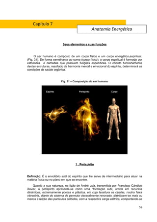 55
Seus elementos e suas funções
O ser humano é composto de um corpo físico e um corpo energético,espiritual.
(Fig. 31). De forma semelhante ao soma (corpo físico), o corpo espiritual é formado por
estruturas e camadas que possuem funções específicas. O correto funcionamento
destas estruturas, resultado da harmonia mental e emocional do espírito, determinará as
condições da saúde orgânica.
Fig. 31 – Composição do ser humano
1 . Perispírito
Definição: É o envoltório sutil do espírito que lhe serve de intermediário para atuar na
matéria física ou no plano em que se encontre.
Quanto a sua natureza, na lição de André Luiz, transmitida por Francisco Cândido
Xavier, o períspirito apresenta-se como uma “formação sutil, urdida em recursos
dinâmicos, extremamente porosa e plástica, em cuja tessitura as células, noutra faixa
vibratória, diante do sistema de permuta visceralmente renovado, distribuem-se mais ou
menos à feição das partículas colóides, com a respectiva carga elétrica, comportando-se
Anatomia Energética
Capítulo 7
 