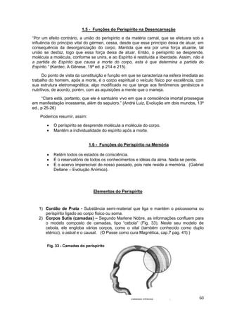 60
1.5 - Funções do Perispírito na Desencarnação
“Por um efeito contrário, a união do períspirito e da matéria carnal, que se efetuara sob a
influência do princípio vital do gérmen, cessa, desde que esse princípio deixa de atuar, em
consequência da desorganização do corpo. Mantida que era por uma força atuante, tal
união se desfaz, logo que essa força deixa de atuar. Então, o períspirito se desprende,
molécula a molécula, conforme se unira, e ao Espírito é restituída a liberdade. Assim, não é
a partida do Espírito que causa a morte do corpo, esta é que determina a partida do
Espírito.” (Kardec, A Gênese, 19ª ed. p 214 e 215).
Do ponto de vista da constituição e função em que se caracteriza na esfera imediata ao
trabalho do homem, após a morte, é o corpo espiritual o veículo físico por excelência, com
sua estrutura eletromagnética, algo modificado no que tange aos fenômenos genésicos e
nutritivos, de acordo, porém, com as aquisições a mente que o maneja.
“Clara está, portanto, que ele é santuário vivo em que a consciência imortal prossegue
em manifestação incessante, além do sepulcro.” (André Luiz, Evolução em dois mundos, 13ª
ed., p 25-26)
Podemos resumir, assim:
 O períspirito se desprende molécula a molécula do corpo.
 Mantém a individualidade do espírito após a morte.
1.6 - Funções do Perispírito na Memória
 Retém todos os estados de consciência.
 É o reservatório de todos os conhecimentos e idéias da alma. Nada se perde.
 É o acervo imperecível do nosso passado, pois nele reside a memória. (Gabriel
Dellane – Evolução Anímica).
Elementos do Perispírito
1) Cordão de Prata - Substância semi-material que liga e mantém o psicossoma ou
perispírito ligado ao corpo físico ou soma.
2) Corpos Sutis (camadas) – Segundo Marlene Nobre, as informações confluem para
o modelo composto de camadas, tipo “cebola” (Fig. 33). Neste seu modelo de
cebola, ele engloba vários corpos, como o vital (também conhecido como duplo
etérico), o astral e o causal. (O Passe como cura Magnética, cap.7 pag. 41).)
Fig. 33 - Camadas do períspirito
 