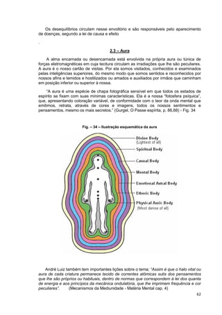 62
Os desequilíbrios circulam nesse envoltório e são responsáveis pelo aparecimento
de doenças, segundo a lei de causa e efeito
.
2.3 – Aura
A alma encarnada ou desencarnada está envolvida na própria aura ou túnica de
forças eletromagnéticas em cuja tecitura circulam as irradiações que lhe são peculiares.
A aura é o nosso cartão de visitas. Por ela somos visitados, conhecidos e examinados
pelas inteligências superiores, do mesmo modo que somos sentidos e reconhecidos por
nossos afins e temidos e hostilizados ou amados e auxiliados por irmãos que caminham
em posição inferior ou superior à nossa.
“A aura é uma espécie de chapa fotográfica sensível em que todos os estados de
espírito se fixam com suas mínimas características. Ela é a nossa “fotosfera psíquica”,
que, apresentando coloração variável, de conformidade com o teor da onda mental que
emitimos, retrata, através de cores e imagens, todos os nossos sentimentos e
pensamentos, mesmo os mais secretos.” (Gurgel, O Passe espírita, p. 86,88) - Fig. 34
Fig. – 34 – Ilustração esquemática da aura
André Luiz também tem importantes lições sobre o tema; “Assim é que o halo vital ou
aura de cada criatura permanece tecido de correntes atômicas sutis dos pensamentos
que lhe são próprios ou habituais, dentro de normas que correspondem à lei dos quanta
de energia e aos princípios da mecânica ondulatória, que lhe imprimem frequência e cor
peculiares”. (Mecanismos da Mediunidade - Matéria Mental cap. 4)
 