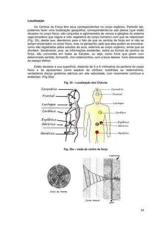 64
Localização
Os Centros de Força têm seus correspondentes no corpo orgânico. Partindo daí,
podemos fazer uma localização geográfica, correspondendo-os aos plexos (que estão
situados no corpo físico, são conjuntos e aglomerados de nervos e gânglios do sistema
vago-simpático que regula a vida vegetativa do corpo humano) com que se relacionam
(Fig. 35), desde que, atentemos para o fato de que os centros de força em si não se
acham encerrados no corpo físico, mas no perispírito, pelo que eles podem se encontrar,
como são registrados pelos estudos da aura, externos ao corpo orgânico, ainda que se
afunilem, literalmente, pois, as informações existentes, sobre as formas de centros de
força, são concordes em todas as Escolas, ou seja, como funis que giram num
determinado sentido, formando, mini redemoinhos, com a boca desses funis direcionada
ao espaço etéreo.
Estão situados à sua superfície, distando de 5 a 6 milímetros da periferia do corpo
físico e se apresentam como espécie de vórtices, turbilhões ou redemoinhos,
verdadeiros discos giratórios etéricos em alta velocidade, com movimento contínuo e
acelerado. (Fig.35a)
Fig. 35 – Localização dos Chacras
Fig. 35a – visão do centro de força
 