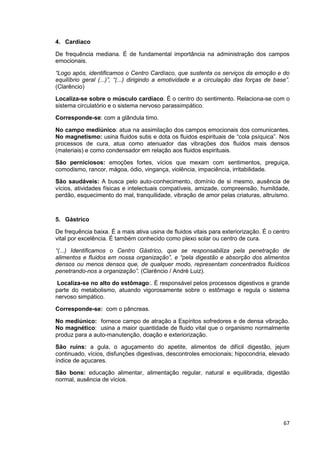 67
4. Cardíaco
De frequência mediana. É de fundamental importância na administração dos campos
emocionais.
“Logo após, identificamos o Centro Cardíaco, que sustenta os serviços da emoção e do
equilíbrio geral (...)”, “(...) dirigindo a emotividade e a circulação das forças de base”.
(Clarêncio)
Localiza-se sobre o músculo cardíaco. É o centro do sentimento. Relaciona-se com o
sistema circulatório e o sistema nervoso parassimpático.
Corresponde-se: com a glândula timo.
No campo mediúnico: atua na assimilação dos campos emocionais dos comunicantes.
No magnetismo: usina fluidos sutis e dota os fluidos espirituais de “cola psíquica”. Nos
processos de cura, atua como atenuador das vibrações dos fluidos mais densos
(materiais) e como condensador em relação aos fluidos espirituais.
São perniciosos: emoções fortes, vícios que mexam com sentimentos, preguiça,
comodismo, rancor, mágoa, ódio, vingança, violência, impaciência, irritabilidade.
São saudáveis: A busca pelo auto-conhecimento, domínio de si mesmo, ausência de
vícios, atividades físicas e intelectuais compatíveis, amizade, compreensão, humildade,
perdão, esquecimento do mal, tranquilidade, vibração de amor pelas criaturas, altruísmo.
5. Gástrico
De frequência baixa. É a mais ativa usina de fluidos vitais para exteriorização. É o centro
vital por excelência. É também conhecido como plexo solar ou centro de cura.
“(...) Identificamos o Centro Gástrico, que se responsabiliza pela penetração de
alimentos e fluidos em nossa organização”, e “pela digestão e absorção dos alimentos
densos ou menos densos que, de qualquer modo, representam concentrados fluídicos
penetrando-nos a organização”. (Clarêncio / André Luiz).
Localiza-se no alto do estômago:. É responsável pelos processos digestivos e grande
parte do metabolismo, atuando vigorosamente sobre o estômago e regula o sistema
nervoso simpático.
Corresponde-se: com o pâncreas.
No mediúnico: fornece campo de atração a Espíritos sofredores e de densa vibração.
No magnético: usina a maior quantidade de fluido vital que o organismo normalmente
produz para a auto-manutenção, doação e exteriorização.
São ruins: a gula, o aguçamento do apetite, alimentos de difícil digestão, jejum
continuado, vícios, disfunções digestivas, descontroles emocionais; hipocondria, elevado
índice de açucares.
São bons: educação alimentar, alimentação regular, natural e equilibrada, digestão
normal, ausência de vícios.
 