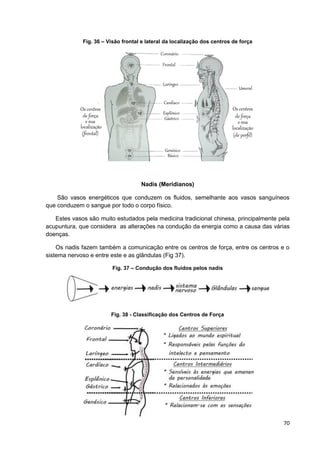 70
Fig. 36 – Visão frontal e lateral da localização dos centros de força
Nadis (Meridianos)
São vasos energéticos que conduzem os fluidos, semelhante aos vasos sanguíneos
que conduzem o sangue por todo o corpo físico.
Estes vasos são muito estudados pela medicina tradicional chinesa, principalmente pela
acupuntura, que considera as alterações na condução da energia como a causa das várias
doenças.
Os nadis fazem também a comunicação entre os centros de força, entre os centros e o
sistema nervoso e entre este e as glândulas (Fig 37).
Fig. 37 – Condução dos fluidos pelos nadis
Fig. 38 - Classificação dos Centros de Força
 