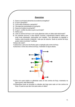 71
Exercícios
1) Quais os principais elementos da anatomia energética?
2) O que é períspirito?
3) Como está constituído o perispírtio?
4) Cite algumas propriedades do períspirito
5) Quais as funções do períspirito?
6) O que é cordão de prata e qual a sua função?
7) Defina aura.
8) Liste os centros de força e com quais glândulas cada um deles está relacionado?
9) Um paciente procurou a casa espírita. Durante o atendimento fraterno relatou que
anda muito estressado, preocupado com trabalho. Tem dificuldade na digestão e
insônia, anda fumando e bebendo mais que de costume. Quais os centros de força
podem estar envolvidos? Justifique
10) Que são nadis?.
11) Descreva o percurso dos fluidos após a captação pelo centro de força.
12) Escreva o nome dos centros de força, mostrados na figura abaixo.
13) Cite com quais órgãos ou glândulas cada um dos centros de força, mostrados na
figura acima, está relacionado.
14) Especifique quais as emoções ou atitudes são boas para cada um dos centros de
força. E quais as que são ruins para cada um deles?
 