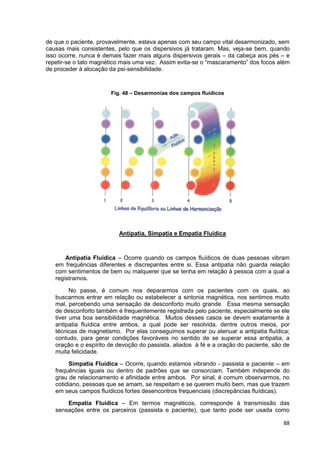 88
de que o paciente, provavelmente, estava apenas com seu campo vital desarmonizado, sem
causas mais consistentes, pelo que os dispersivos já trataram. Mas, veja-se bem, quando
isso ocorre, nunca é demais fazer mais alguns dispersivos gerais – da cabeça aos pés – e
repetir-se o tato magnético mais uma vez. Assim evita-se o “mascaramento” dos focos além
de proceder à alocação da psi-sensibilidade.
Fig. 48 – Desarmonias dos campos fluídicos
Antipatia, Simpatia e Empatia Fluídica
Antipatia Fluídica – Ocorre quando os campos fluídicos de duas pessoas vibram
em frequências diferentes e discrepantes entre si. Essa antipatia não guarda relação
com sentimentos de bem ou malquerer que se tenha em relação à pessoa com a qual a
registramos.
No passe, é comum nos depararmos com os pacientes com os quais, ao
buscarmos entrar em relação ou estabelecer a sintonia magnética, nos sentimos muito
mal, percebendo uma sensação de desconforto muito grande. Essa mesma sensação
de desconforto também é frequentemente registrada pelo paciente, especialmente se ele
tiver uma boa sensibilidade magnética. Muitos desses casos se devem exatamente à
antipatia fluídica entre ambos, a qual pode ser resolvida, dentre outros meios, por
técnicas de magnetismo. Por elas conseguimos superar ou atenuar a antipatia fluídica;
contudo, para gerar condições favoráveis no sentido de se superar essa antipatia, a
oração e o espírito de devoção do passista, aliados à fé e a oração do paciente, são de
muita felicidade.
Simpatia Fluídica – Ocorre, quando estamos vibrando - passista e paciente – em
frequências iguais ou dentro de padrões que se consorciam. Também independe do
grau de relacionamento e afinidade entre ambos. Por sinal, é comum observarmos, no
cotidiano, pessoas que se amam, se respeitam e se querem muito bem, mas que trazem
em seus campos fluídicos fortes desencontros frequenciais (discrepâncias fluídicas).
Empatia Fluídica – Em termos magnéticos, corresponde à transmissão das
sensações entre os parceiros (passista e paciente), que tanto pode ser usada como
 