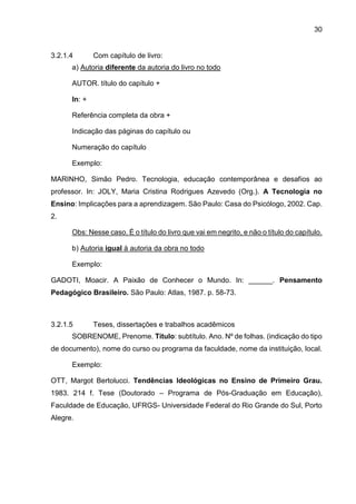30
3.2.1.4 Com capítulo de livro:
a) Autoria diferente da autoria do livro no todo
AUTOR. título do capítulo +
In: +
Referência completa da obra +
Indicação das páginas do capítulo ou
Numeração do capítulo
Exemplo:
MARINHO, Simão Pedro. Tecnologia, educação contemporânea e desafios ao
professor. In: JOLY, Maria Cristina Rodrigues Azevedo (Org.). A Tecnologia no
Ensino: Implicações para a aprendizagem. São Paulo: Casa do Psicólogo, 2002. Cap.
2.
Obs: Nesse caso. É o título do livro que vai em negrito, e não o título do capítulo.
b) Autoria igual à autoria da obra no todo
Exemplo:
GADOTI, Moacir. A Paixão de Conhecer o Mundo. In: ______. Pensamento
Pedagógico Brasileiro. São Paulo: Atlas, 1987. p. 58-73.
3.2.1.5 Teses, dissertações e trabalhos acadêmicos
SOBRENOME, Prenome. Título: subtítulo. Ano. Nº de folhas. (indicação do tipo
de documento), nome do curso ou programa da faculdade, nome da instituição, local.
Exemplo:
OTT, Margot Bertolucci. Tendências Ideológicas no Ensino de Primeiro Grau.
1983. 214 f. Tese (Doutorado – Programa de Pós-Graduação em Educação),
Faculdade de Educação, UFRGS- Universidade Federal do Rio Grande do Sul, Porto
Alegre.
 