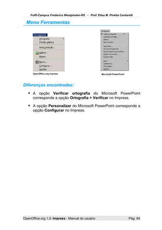 FuRI-Campus Frederico Westphalen-RS - Prof. Elisa M. Pivetta Cantarelli

  Menu Ferramentas




      OpenOffice.org Impress                         Microsoft PowerPoint




Diferenças encontradas:
    A opção Verificar ortografia do Microsoft PowerPoint
      corresponde a opção Ortografia > Verificar no Impress.

    A opção Personalizar do Microsoft PowerPoint corresponde a
      opção Configurar no Impress.




OpenOffice.org 1.0: Impress - Manual do usuário                             Pág: 94
 