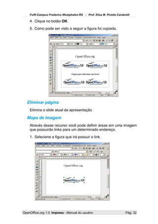 FuRI-Campus Frederico Westphalen-RS - Prof. Elisa M. Pivetta Cantarelli

    4. Clique no botão OK.
    5. Como pode ser visto a seguir a figura foi copiada.




   Eliminar página
    Elimina o slide atual da apresentação.

   Mapa de Imagem
    Através desse recurso você pode definir áreas em uma imagem
    que possuirão links para um determinado endereço.
    1. Selecione a figura que irá possuir o link.




OpenOffice.org 1.0: Impress - Manual do usuário                         Pág: 32
 
