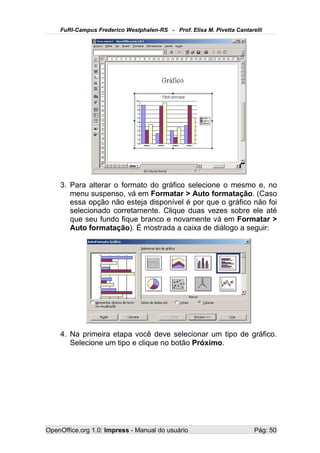 FuRI-Campus Frederico Westphalen-RS - Prof. Elisa M. Pivetta Cantarelli




    3. Para alterar o formato do gráfico selecione o mesmo e, no
       menu suspenso, vá em Formatar > Auto formatação. (Caso
       essa opção não esteja disponível é por que o gráfico não foi
       selecionado corretamente. Clique duas vezes sobre ele até
       que seu fundo fique branco e novamente vá em Formatar >
       Auto formatação). É mostrada a caixa de diálogo a seguir:




    4. Na primeira etapa você deve selecionar um tipo de gráfico.
       Selecione um tipo e clique no botão Próximo.




OpenOffice.org 1.0: Impress - Manual do usuário                         Pág: 50
 