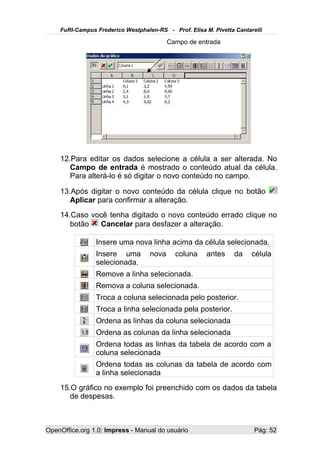 FuRI-Campus Frederico Westphalen-RS - Prof. Elisa M. Pivetta Cantarelli

                                          Campo de entrada




    12.Para editar os dados selecione a célula a ser alterada. No
       Campo de entrada é mostrado o conteúdo atual da célula.
       Para alterá-lo é só digitar o novo conteúdo no campo.

    13.Após digitar o novo conteúdo da célula clique no botão
       Aplicar para confirmar a alteração.
    14.Caso você tenha digitado o novo conteúdo errado clique no
       botão  Cancelar para desfazer a alteração.

                Insere uma nova linha acima da célula selecionada.
                Insere uma         nova     coluna     antes     da    célula
                selecionada.
                Remove a linha selecionada.
                Remova a coluna selecionada.
                Troca a coluna selecionada pelo posterior.
                Troca a linha selecionada pela posterior.
                Ordena as linhas da coluna selecionada
                Ordena as colunas da linha selecionada
                Ordena todas as linhas da tabela de acordo com a
                coluna selecionada
                Ordena todas as colunas da tabela de acordo com
                a linha selecionada
    15.O gráfico no exemplo foi preenchido com os dados da tabela
       de despesas.



OpenOffice.org 1.0: Impress - Manual do usuário                         Pág: 52
 