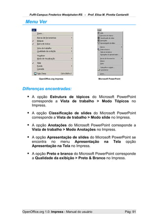 FuRI-Campus Frederico Westphalen-RS - Prof. Elisa M. Pivetta Cantarelli

  Menu Ver




           OpenOffice.org Impress                    Microsoft PowerPoint



Diferenças encontradas:
    A opção Estrutura de tópicos do Microsoft PowerPoint
      corresponde a Vista de trabalho > Modo Tópicos no
      Impress.

    A opção Classificação de slides do Microsoft PowerPoint
      corresponde a Vista de trabalho > Modo slide no Impress.

    A opção Anotações do Microsoft PowerPoint corresponde a
      Vista de trabalho > Modo Anotações no Impress.

    A opção Apresentação de slides do Microsoft PowerPoint se
      encontra no menu Apresentação                       na      Tela      opção
      Apresentação na Tela no Impress.

    A opção Preto e branco do Microsoft PowerPoint corresponde
      a Qualidade da exibição > Preto & Branco no Impress.




OpenOffice.org 1.0: Impress - Manual do usuário                             Pág: 91
 
