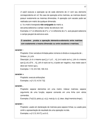 17
v1.opv2 executa a operação op de cada elemento de v1 com seu elemento
correspondente em v2. No caso de operação entre matrizes, as matrizes devem
possuir exatamente as mesmas dimensões. A operação com escalar pode ser
realizada com matriz de qualquer dimensão.
a.’ é a matriz transposta não conjugada da matriz a.
est.camp seleciona o campo ‘camp’ da estrutura ‘est’.
Exemplos: 2.^x é diferente de 2^x; x.*x é diferente de x*x. auto.peujeot seleciona
o campo peujeot da estrutura auto.
O caractere . produz a operação elemento-a-elemento entre matrizes
com exatamente a mesma dimensão ou entre escalares e matrizes.
caracter :
Propósito: Criar varredura limitada pelos números à direita e à esquerda de :.
Sintaxe: j:k; j:d:k.
Descrição: j:k é o mesmo que [j j+1 j+2 ... k], j:k é vazio se k<j. j:d:k é o mesmo
que [j j+d j+2*d ... k], j:d:k é vazio se k<j. d pode ser negativo, mas neste caso k
deve ser menor que j.
Exemplos: 1:10; 0:5:100; 100:-5:0.
caracter =
Propósito: executa atribuições
Exemplos: x=[1 2 3; 4.5 6 7.5];
caracter ,
Propósito: separar elementos em uma matriz; indexar matrizes; separar
argumento de uma função; separar comando em uma linha com vários
comandos.
Exemplos: 2*a(2,3); plot(x,y); x(i,j); mat=[a, b, c]; clear, disp(‘memória limpa’).
caracter ;
Propósito: usado em declaração de matrizes para separar linhas; ou usado para
omitir a apresentação do resultado de uma operação na tela.
Exemplos: x=[1 2 3; 9 8 7]; a=2+3;
 