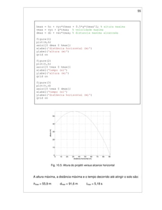 55
Fig. 10.5: Altura do projétil versus alcance horizontal
A altura máxima, a distância máxima e o tempo decorrido até atingir o solo são:
hmax = 55,9 m dmax = 91,6 m tmax = 5,18 s
hmax = ho + vyo*thmax + 0.5*g*thmax^2; % altura maxima
vmax = vyo + g*tmax; % velocidade maxima
dmax = do + vxo*tmax; % distancia maxima alcancada
figure(1)
plot(d,h)
axis([0 dmax 0 hmax])
xlabel('distância horizontal (m)')
ylabel('altura (m)')
grid on
figure(2)
plot(t,h)
axis([0 tmax 0 hmax])
xlabel('tempo (s)')
ylabel('altura (m)')
grid on
figure(3)
plot(t,d)
axis([0 tmax 0 dmax])
xlabel('tempo (s)')
ylabel('distância horizontal (m)')
grid on
0 10 20 30 40 50 60 70 80 90
0
10
20
30
40
50
distância horizontal (m)
altura(m)
 