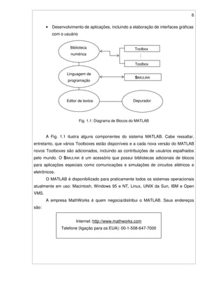 6
• Desenvolvimento de aplicações, incluindo a elaboração de interfaces gráficas
com o usuário
Fig. 1.1: Diagrama de Blocos do MATLAB
A Fig. 1.1 ilustra alguns componentes do sistema MATLAB. Cabe ressaltar,
entretanto, que vários Toolboxes estão disponíveis e a cada nova versão do MATLAB
novos Toolboxes são adicionados, incluindo as contribuições de usuários espalhados
pelo mundo. O SIMULINK é um acessório que possui bibliotecas adicionais de blocos
para aplicações especiais como comunicações e simulações de circuitos elétricos e
eletrônicos.
O MATLAB é disponibilizado para praticamente todos os sistemas operacionais
atualmente em uso: Macintosh, Windows 95 e NT, Linux, UNIX da Sun, IBM e Open
VMS.
A empresa MathWorks é quem negocia/distribui o MATLAB. Seus endereços
são:
Internet: http://www.mathworks.com
Telefone (ligação para os EUA): 00-1-508-647-7000
Toolbox
Toolbox
SIMULINK
Biblioteca
numérica
Linguagem de
programação
DepuradorEditor de textos
 