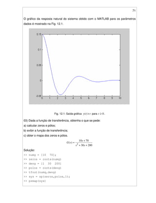 71
O gráfico da resposta natural do sistema obtido com o MATLAB para os parâmetros
dados é mostrado na Fig. 12.1.
Fig. 12.1: Saída gráfica tty ×)( para 0≥t .
03) Dada a função de transferência, obtenha o que se pede:
a) calcular zeros e pólos;
b) exibir a função de transferência;
c) obter o mapa dos zeros e pólos.
20030
7010
)(
2
++
+
=
ss
s
sG
Solução:
>> numg = [10 70];
>> zeros = roots(numg)
>> deng = [1 30 200]
>> polos = roots(deng)
>> tfout(numg,deng)
>> sys = zp(zeros,polos,1);
>> pzmap(sys)
 
